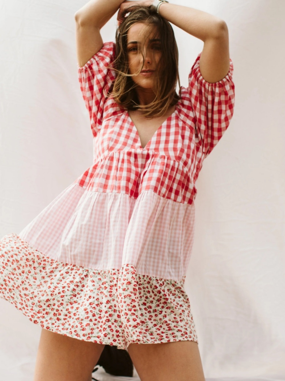 Red Gingham Tiered V-Neck Mini Dress